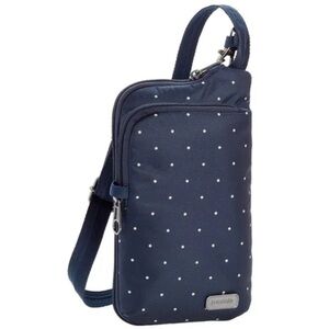 Pacsafe Daysafe Tech Crossbody Bag navy with withe polkadots